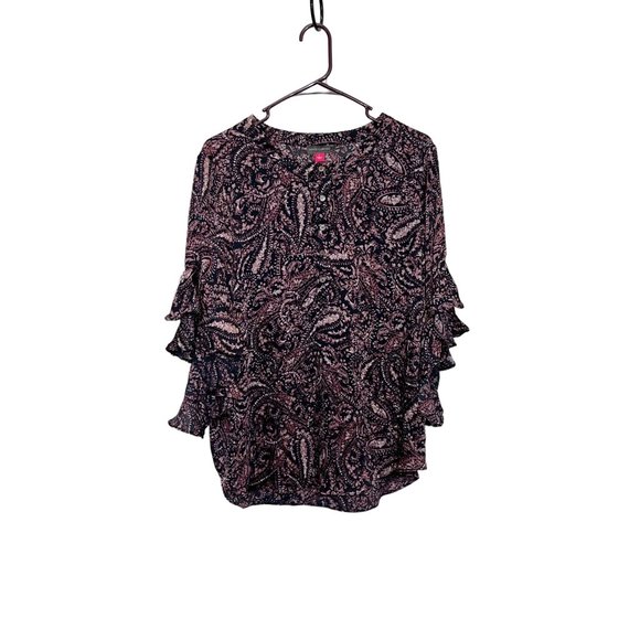 Vince Camuto Tops - Vince Camuto Womens Size Large Purple Paisley Ruffled Bell Sleeve Popover Blouse
